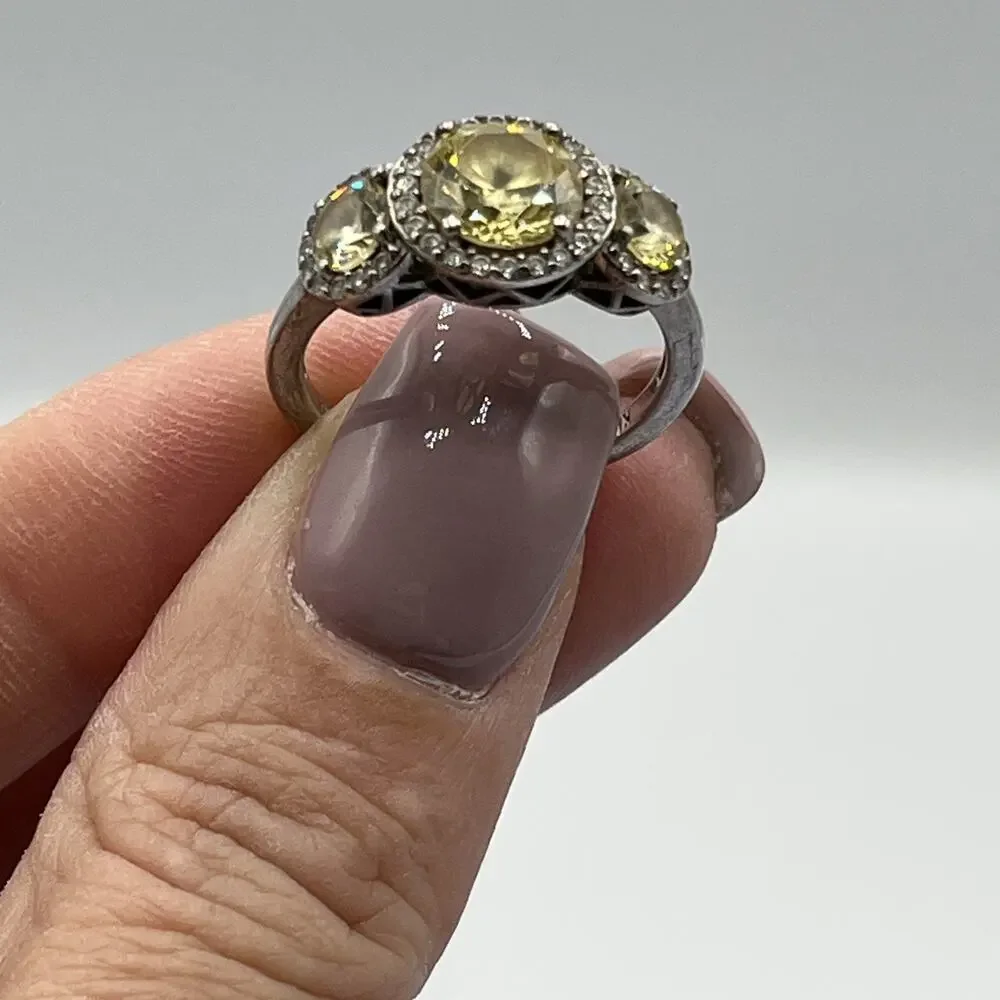 KIERA COUTURE 925 STERLING SILVER 3 CANARY YELLOW CRYSTALS HALO RING Sz 8